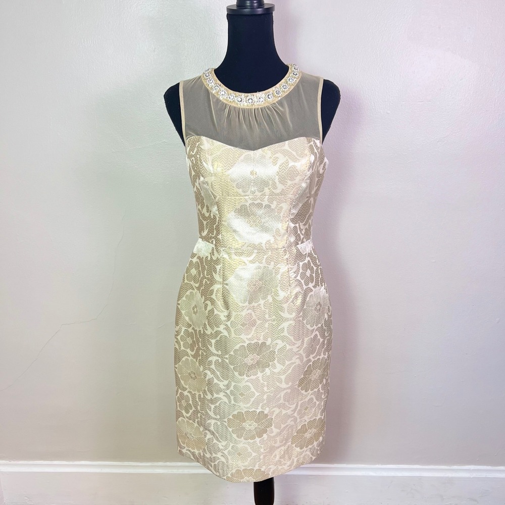 Maggy London Brocade Sheath Dress 4 Gold Embellished Illusion Neck Cocktail Glam
